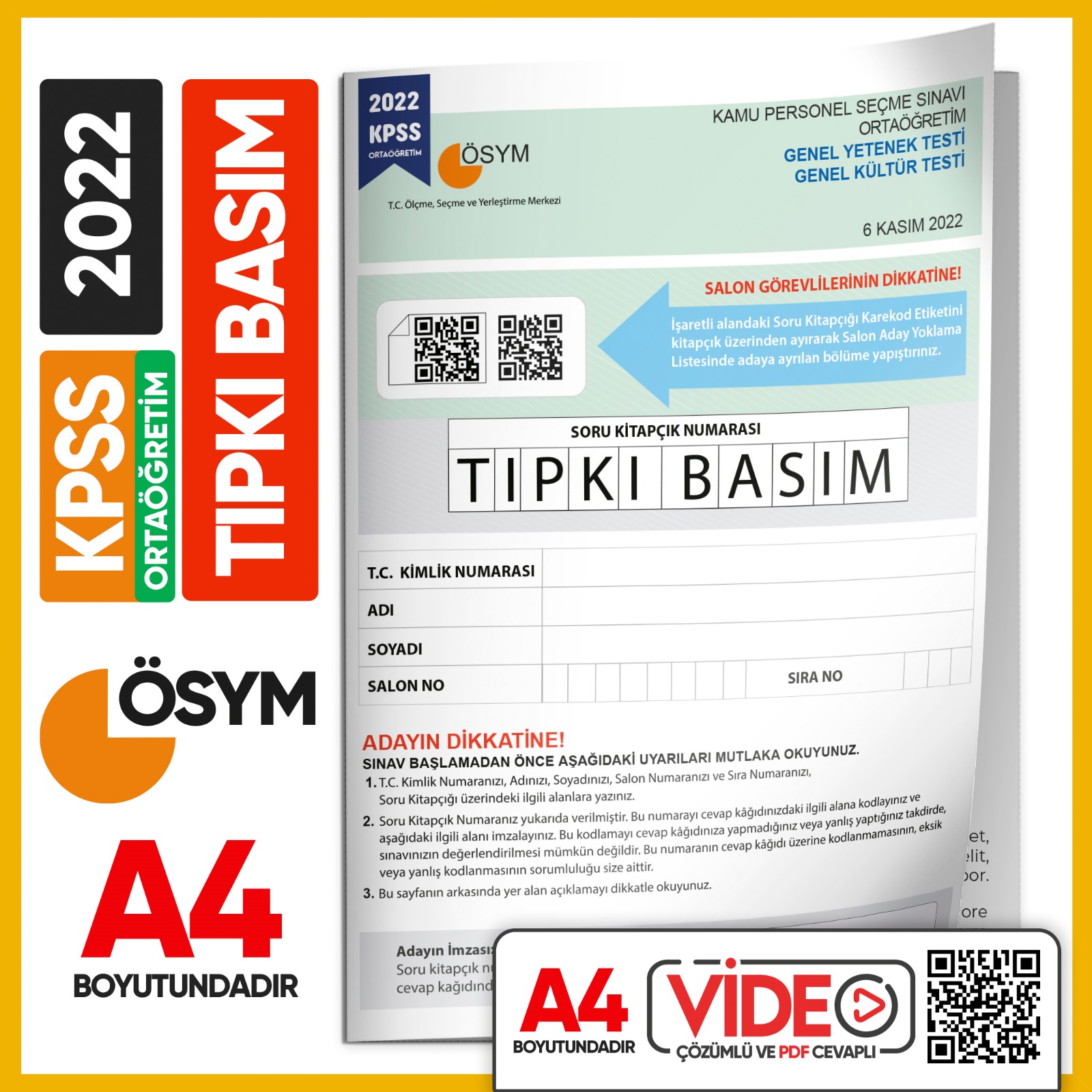 KPSS Ortaöğretim/Lise 2018-2020-2022 ÖSYM Tıpkı Basım Çıkmış Soru 3 Kitapçık Seti Video Çöz. TG