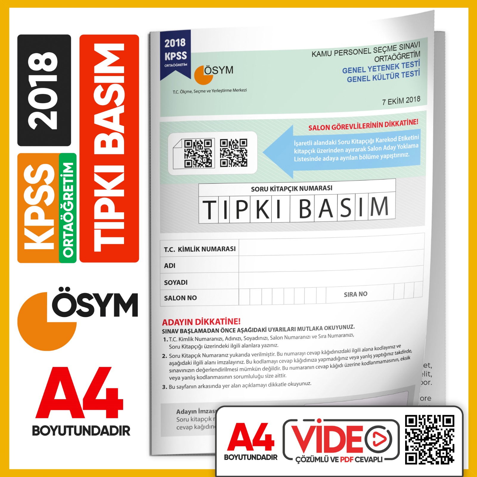 KPSS Ortaöğretim/Lise 2018-2020-2022 ÖSYM Tıpkı Basım Çıkmış Soru 3 Kitapçık Seti Video Çöz. TG