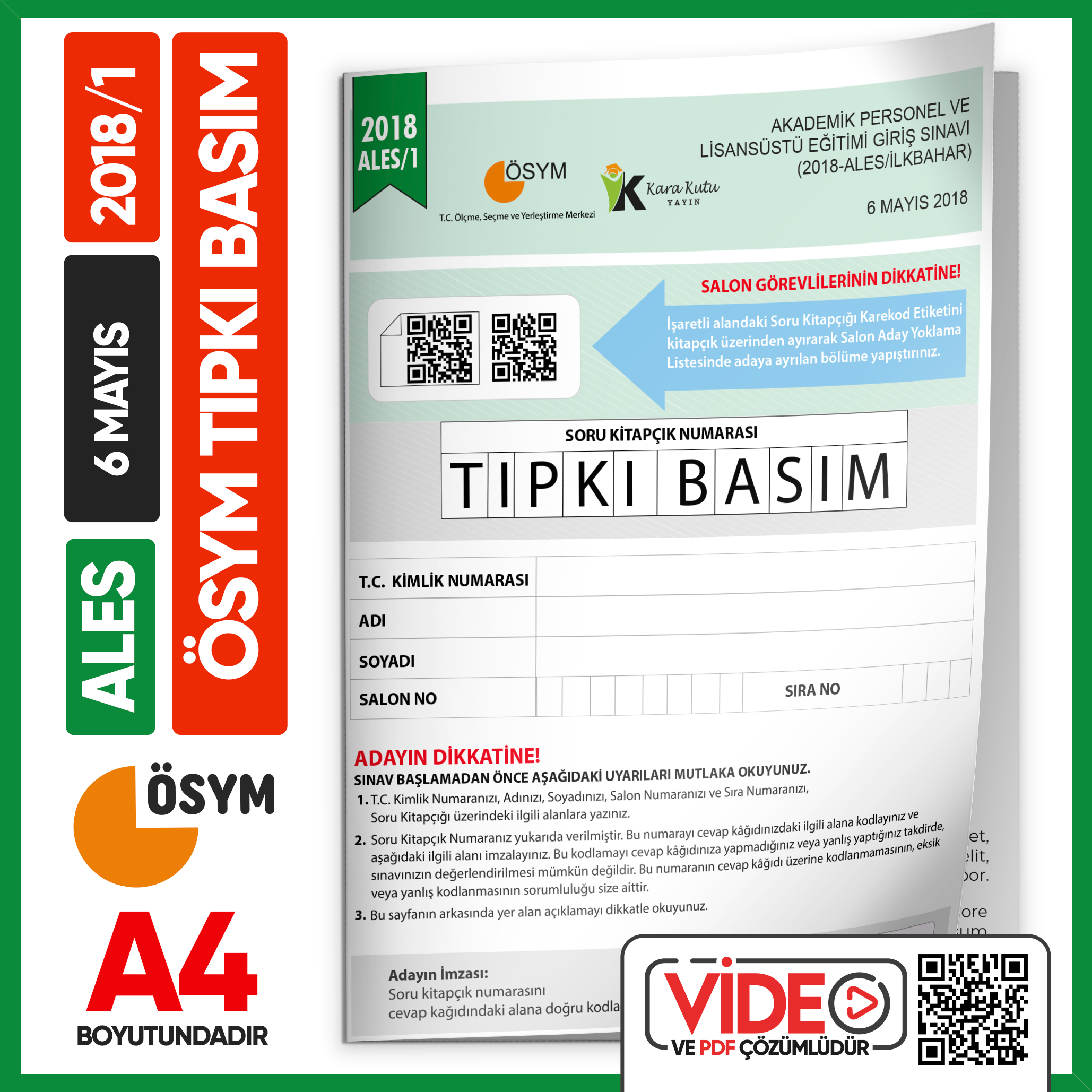 ALES 2018/1 (MAYIS) ÖSYM Tıpkı Basım Çıkmış Soru Deneme Kitapçığı Video/PDF Çözümlü Türkiye Geneli