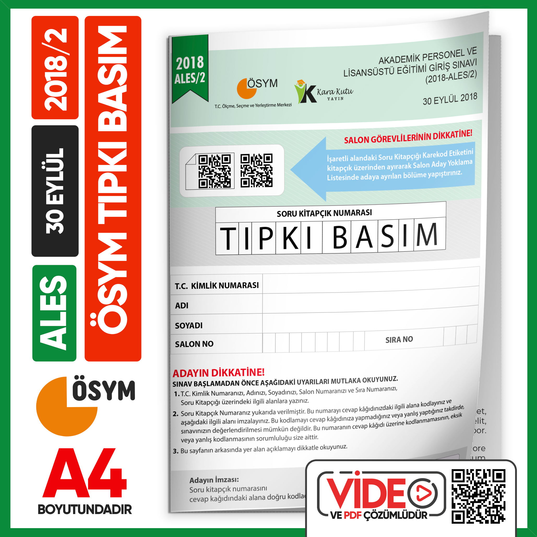 ALES 2018/2 (EYLÜL) ÖSYM Tıpkı Basım Çıkmış Soru Deneme Kitapçığı Video/PDF Çözümlü Türkiye Geneli