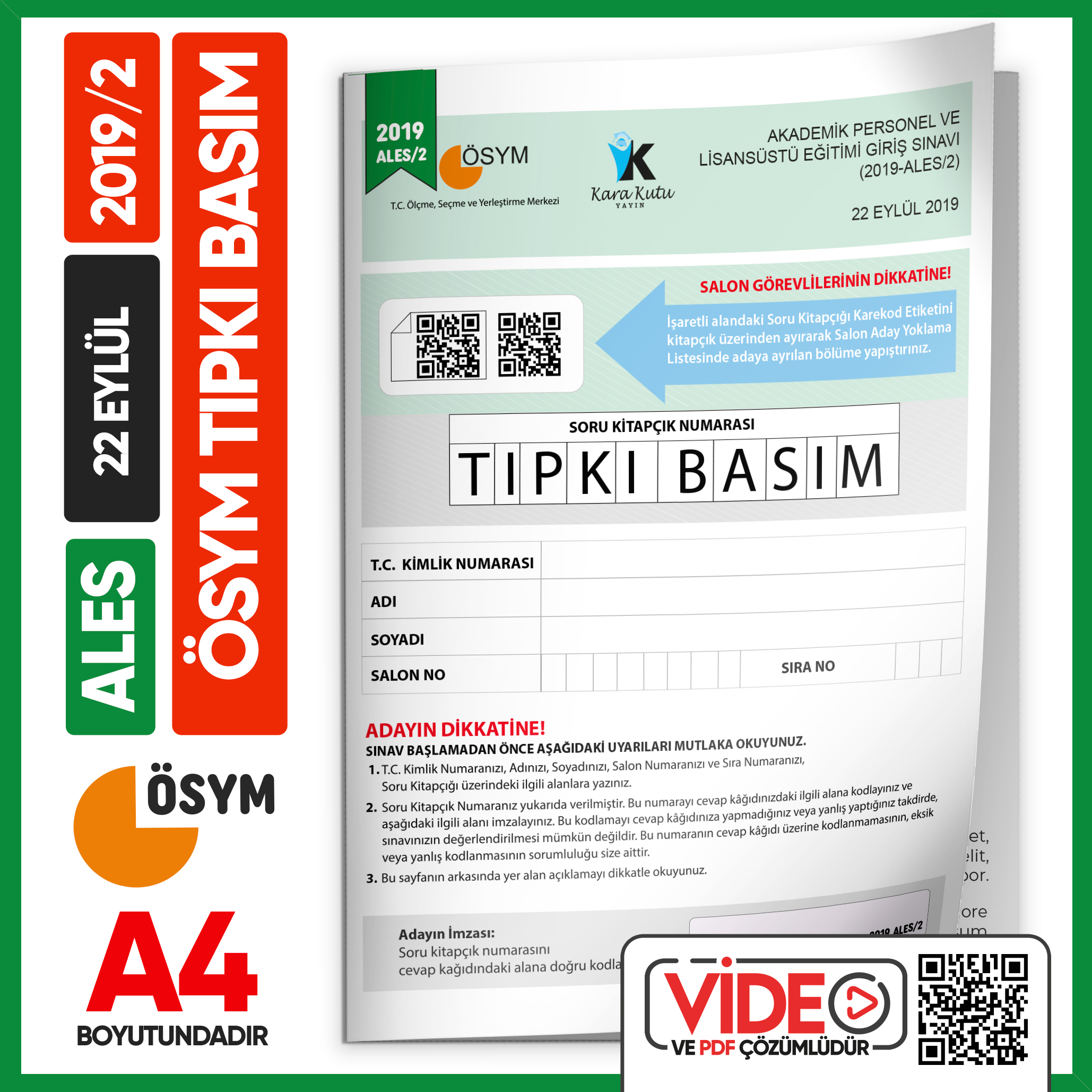 ALES 2019/2 Eylül ÖSYM Tıpkı Basım Çıkmış Soru Deneme Kitapçığı Video/PDF Çözümlü Türkiye Geneli