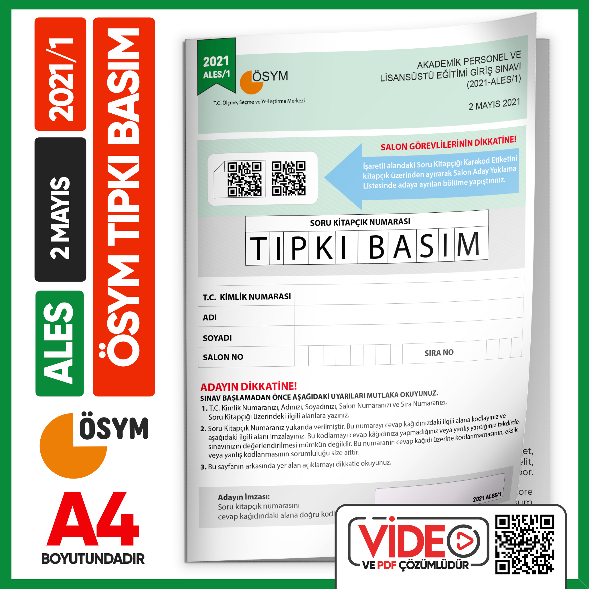 ALES 2021/1 ÖSYM Tıpkı Basım Çıkmış Soru Deneme Kitapçığı Video/PDF Çözümlü Türkiye Geneli