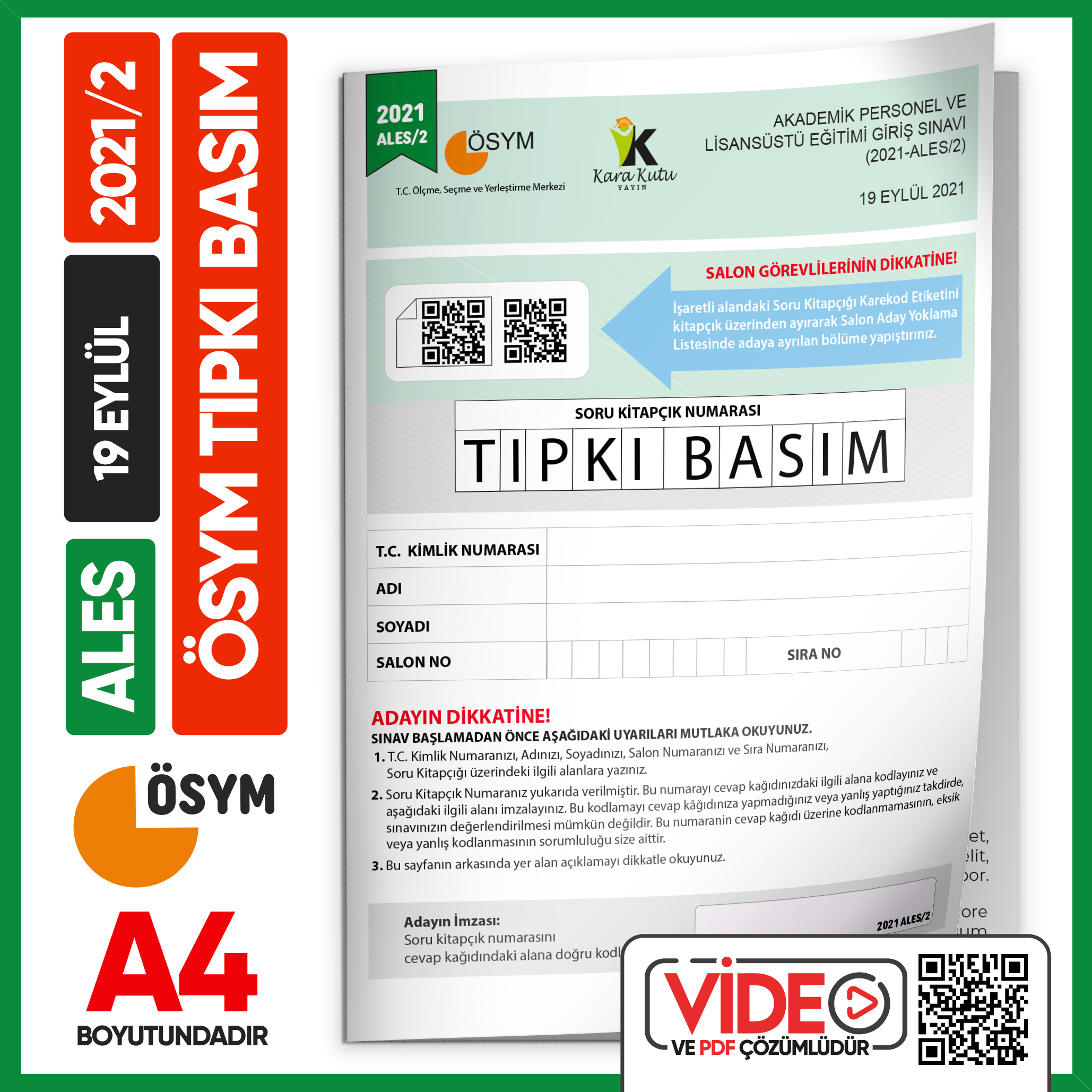 ALES 2021/2 ÖSYM Tıpkı Basım Çıkmış Soru Deneme Kitapçığı Video/PDF Çözümlü Türkiye Geneli