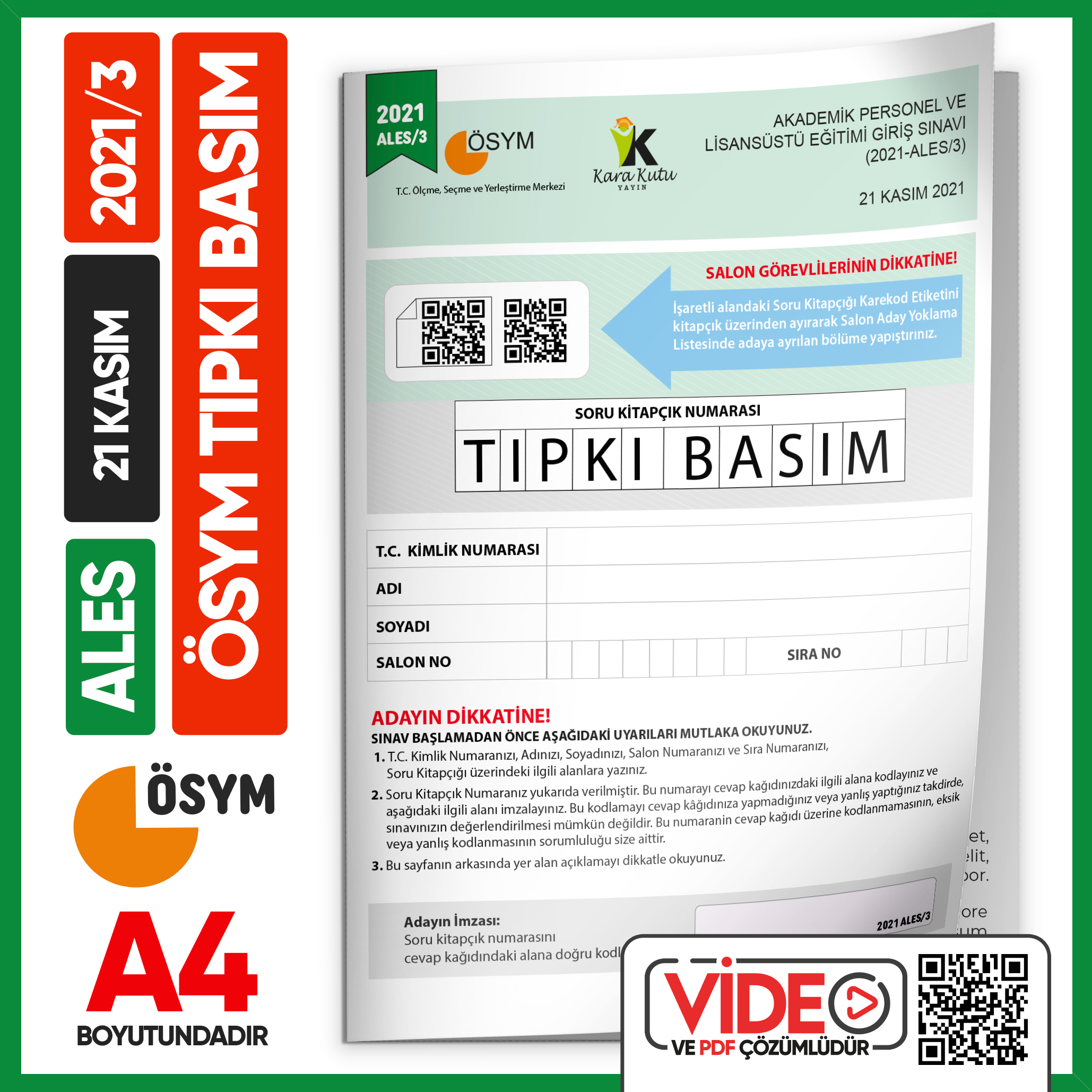 ALES 2021/3 ÖSYM Tıpkı Basım Çıkmış Soru Deneme Kitapçığı Video/PDF Çözümlü Türkiye Geneli