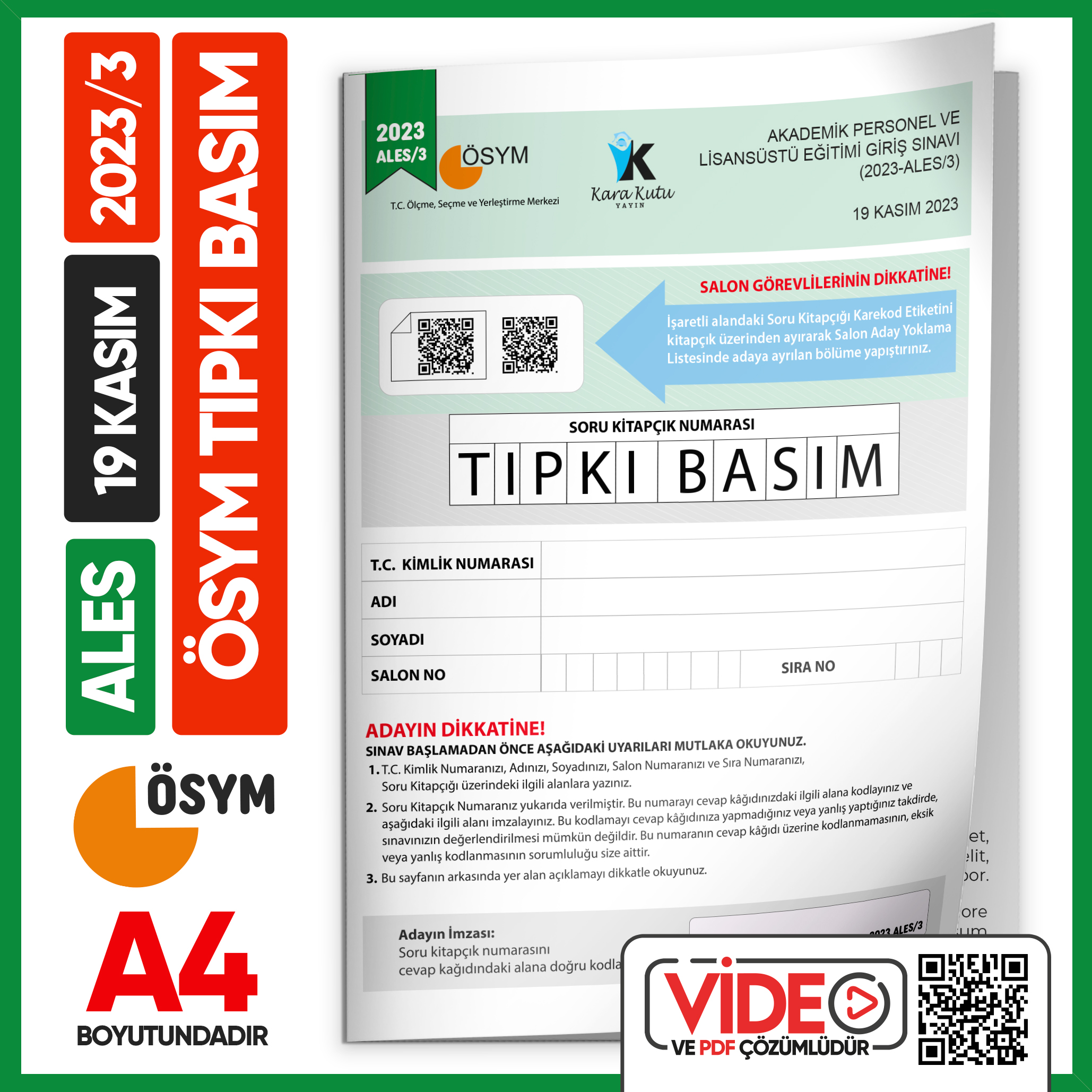 ALES 2023/3 Kasım ÖSYM Tıpkı Basım Çıkmış Soru Deneme Kitapçığı Video/PDF Çözümlü Türkiye Geneli