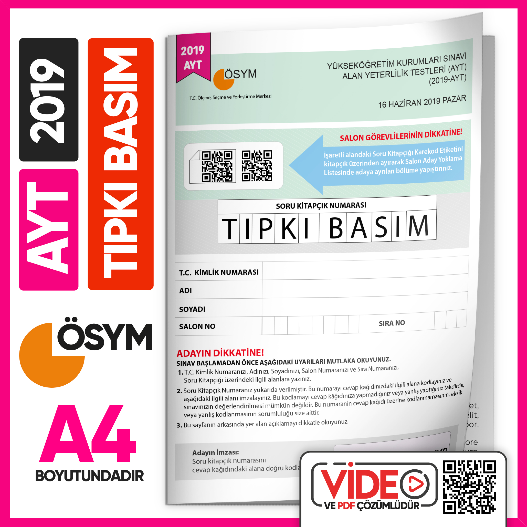  2019 YKS-AYT (SAY-TM) ÖSYM Tıpkı Basım Çıkmış Soru Deneme Kitapçığı (Video Çözümlü Türkiye Geneli)