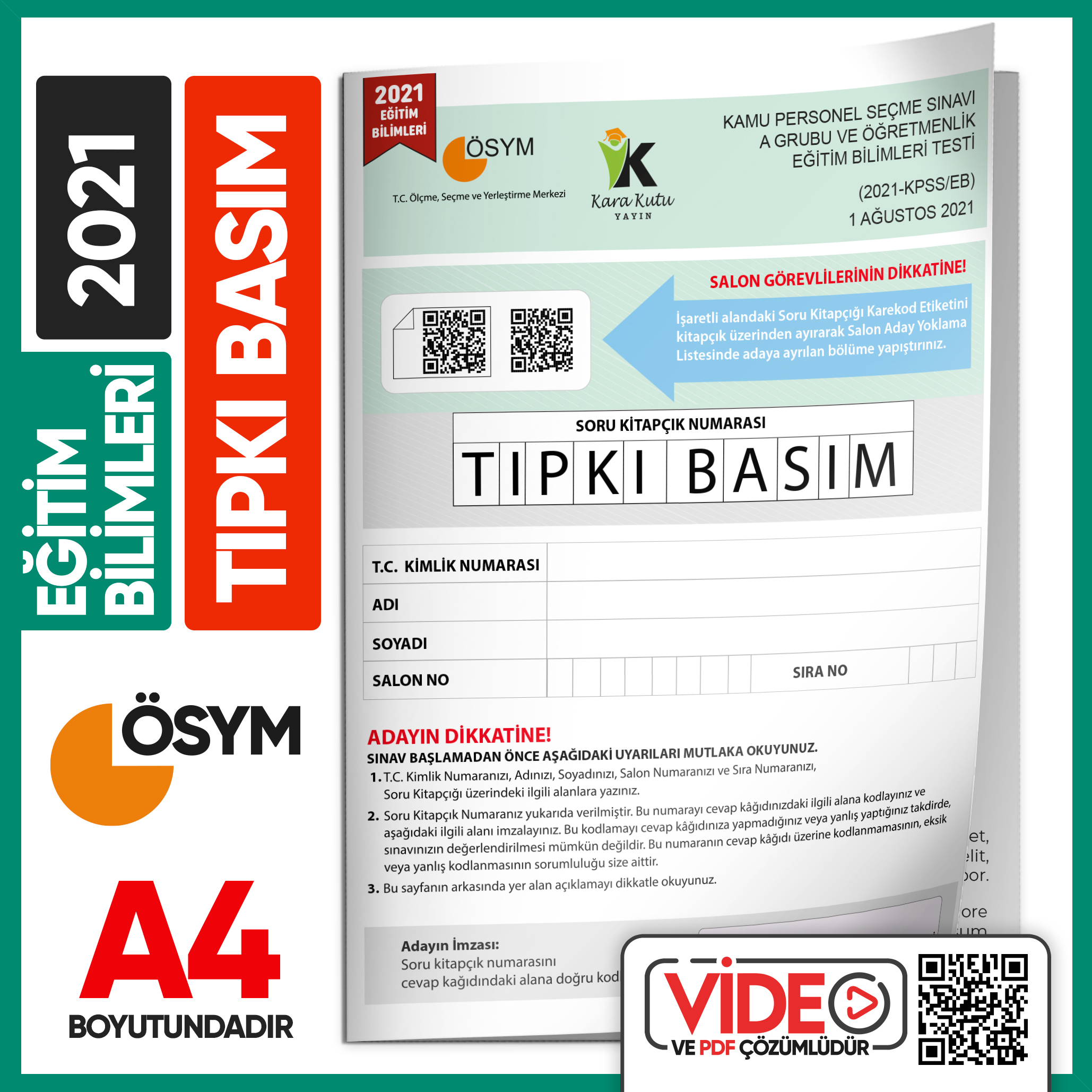 2021 KPSS Eğitim Bilimleri ÖSYM Tıpkı Basım Çıkmış Soru Kitapçığı Video/PDF Çözümlü Türkiye Geneli