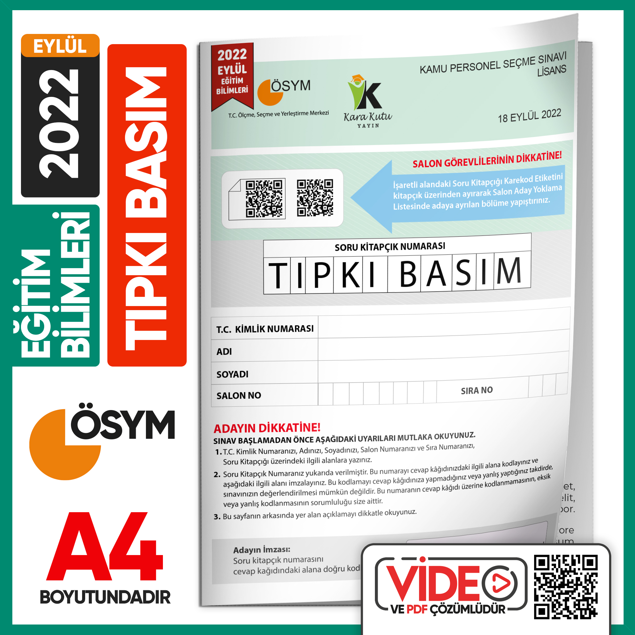 2022 Eylül KPSS Eğitim Bilimleri ÖSYM Tıpkı Basım Çıkmış Soru Deneme Kitapçığı Video/PDF Çözümlü TG