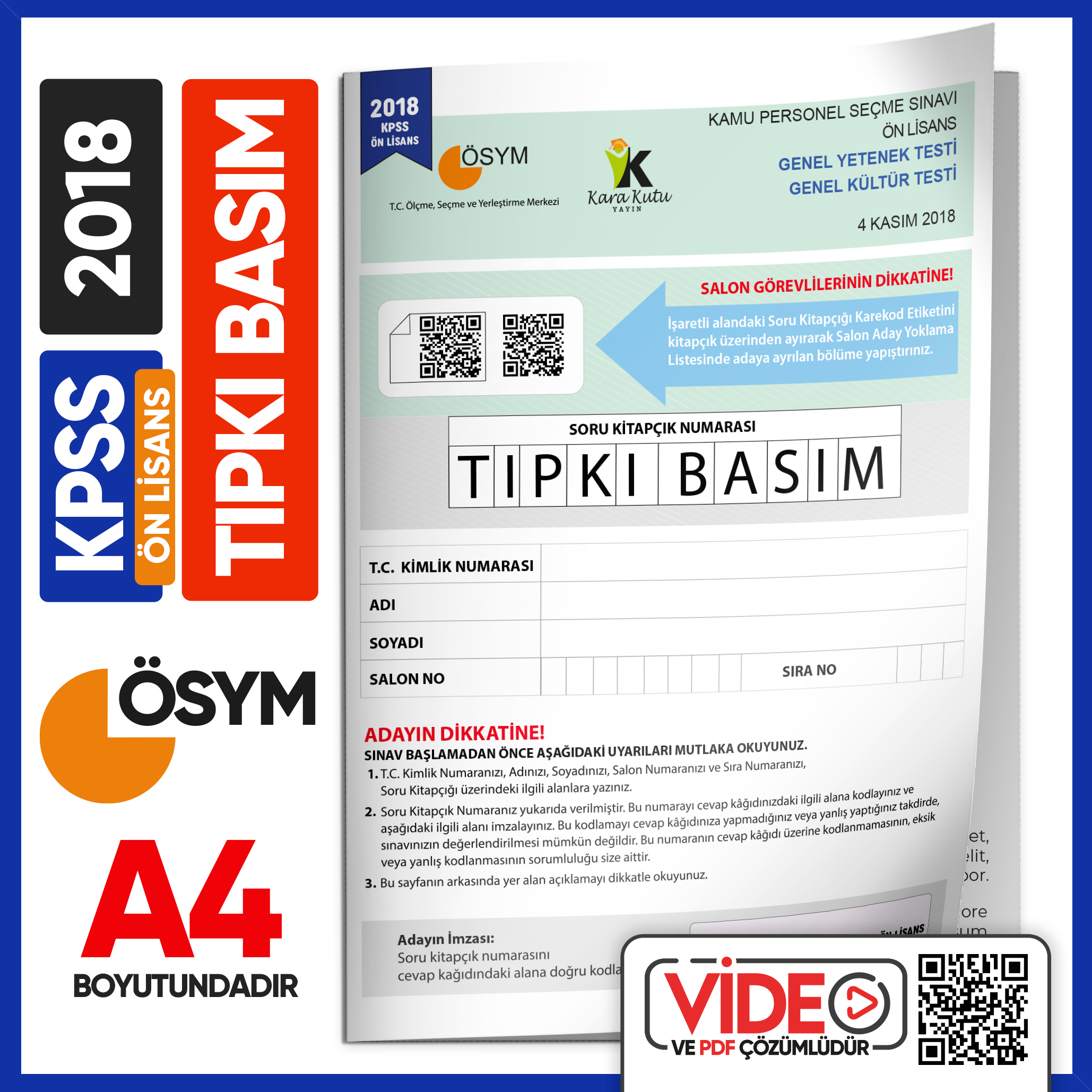 2018 KPSS Ön Lisans ÖSYM Tıpkı Basım Çıkmış Soru Deneme Kitapçığı Video/PDF Çözümlü Türkiye Geneli